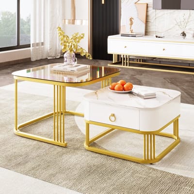 DESMIU Salontafel - Modulaire Set Met Hoogglans Marmerlook En Lade - Voor Woonkamer En Lounge - MDF En Glas - Wit - 60x60x44,5 En 50x50x34,5 Cm