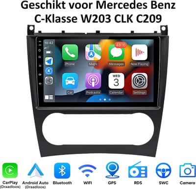 JUNSUN Android 15 Draadloos Carplay & Android Auto Autoradio Geschikt voor Mercedes Benz C-Klasse W203 CLK C209 GPS-Navigatiesystem - 9 inch Touchscreen - Bluetooth - WIFI - RDS - FM - DSP - 2GB+64GB