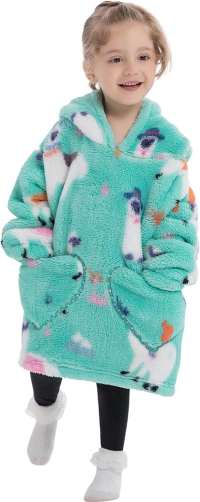 Alpaca fleece hoodie deken met mouwen - fleece poncho voor kinderen – fleece plaid met mouwen - maat 98/128 – lengte 60 cm – warm & zacht – relax outfit kids - grijs/blauw - Badrock