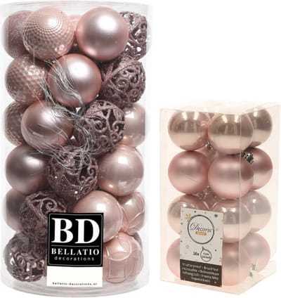 Kerstversiering kunststof kerstballen lichtroze 4-6 cm pakket van 53x stuks - Kerstboomversiering