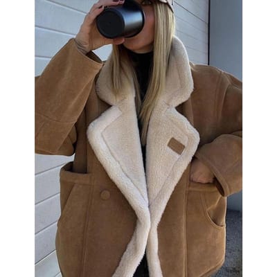 Vintage Wol Lam Damesjas Mode Patchwork Revers Lange Mouw Dames Jassen Winter Verdikken Warm Los Dames Bovenkleding L koffie