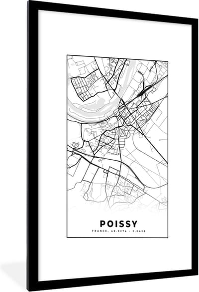 Fotolijst incl. Poster Zwart Wit- Plattegrond – Kaart – Frankrijk – Poissy - Stadskaart - Zwart wit - 60x90 cm - Posterlijst