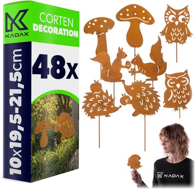 KADAX tuinpluggen van cortenstaal, set van 48, roestfiguren met uilen, egels, eekhoorns en paddenstoelen, roestige tuinfiguren, weerbestendige metalen decoratie voor in de tuin