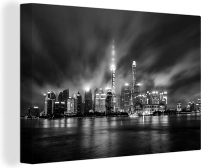 Canvas Schilderij Shanghai cityscape 's nachts - zwart wit - 90x60 cm - Wanddecoratie