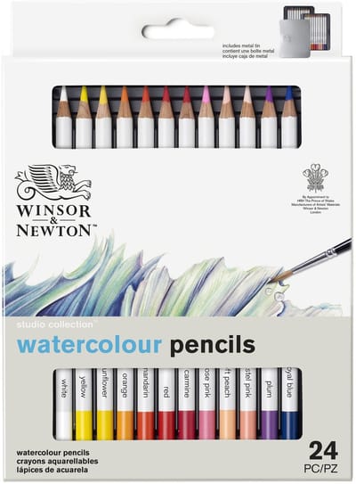 Winsor & Newton 0490015 Studio Collection Waterverfpotloden Set 24 stuks – Dikcores Aquarelpotloden in Metalen Etui