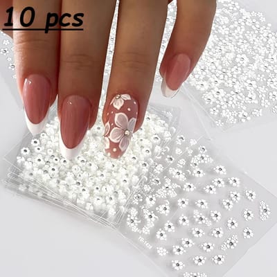 10 Vellen Witte Bloemen Nagels Stickers - Zelfklevende Decals met Elegante Zwarte & Roze Bloemen Designs, Perfect voor Nagellak Kunst white