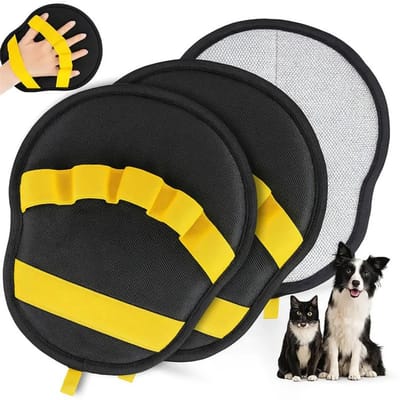 Set van 3 herbruikbare handschoenen voor het verwijderen van dierenharen. Deze handschoenen werken met elektrostatische adsorptie en zijn geschikt voor katten, honden, kleding, banken, tapijten en autostoelen.