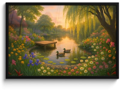Poster in lijst - Fotolijst 90x60 cm - Posters - Eenden - Vijver - Bloemen - Posterlijst zwart - Decoratie - Wanddecoratie woonkamer - Muurdecoratie slaapkamer