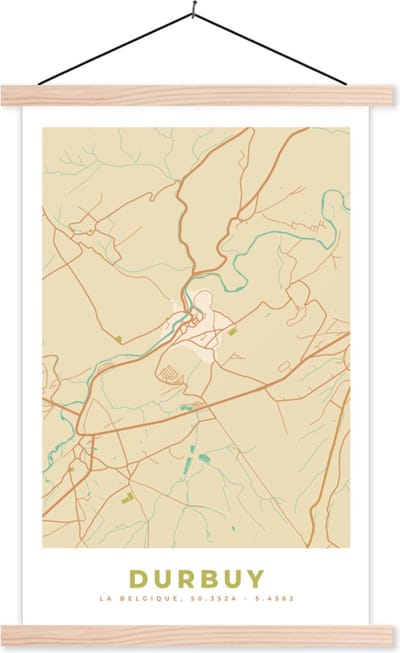 Posterhanger incl. Poster 40x60 cm - Schoolplaat - Durbuy - België - Plattegrond - Kaart - Stadskaart - Textielposter - Blanke latten - Stadskaart