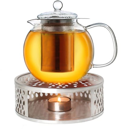 Creano glazen theepot 0,85l + een rvs theelicht, 3-delige glazen theepot met geïntegreerd rvs filter en glazen deksel, ideaal voor het zetten van losse thee, druppelvrij