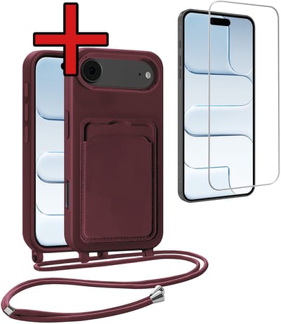Hoesje Geschikt voor iPhone Air Hoesje Met Telefoonkoord en Pasjeshouder Met Screenprotector Siliconen - Hoes Geschikt voor iPhone Air Hoesje Met Kaarthouder Case - Aubergine
