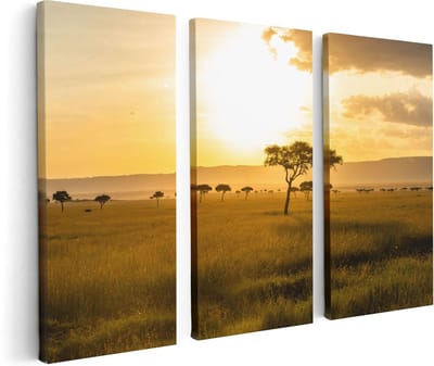 Artaza Canvas Schilderij Drieluik Zonsondergang In De Savanne - 120x80 - Foto Op Canvas - Canvas Print