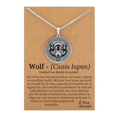 Wolf Ketting op Cadeau Kaartje Zilverkleurig - Dier Talisman - Roestvrij Staal / Stainless Steel - 60cm - Pax Amare