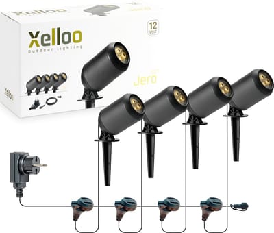Xelloo® LED Tuinverlichting set Jero van 4 Stuks - 8 meter - Warm Wit Licht - 12V Grondspots voor buiten met Stekker - IP44 Waterbestendig - Tuin Verlichting op Stroom 12 Volt - incl. trafo, kabel en schuifaansluiting - Buitenverlichting