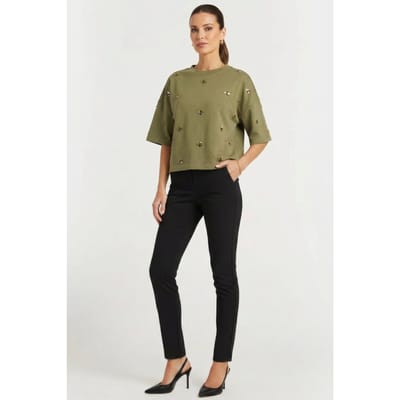 Summum Woman 3/4 Sleeve Embellished Sweatshirt Combat Green Size: M | Shirts and Tops Outlet | Dames | Groen