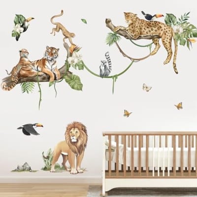 Safari Dieren Muursticker Set - Jungle Thema Dieren Stickers met Leeuw, Luipaard en Tijger voor Babykamer, Kinderkamer en Woonkamer Decoratie - Verwijderbare Wanddecoratie