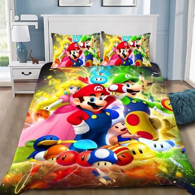 Spel Super M-Marios Dekbedovertrek Kussensloop Beddengoed Set Volwassen Jongen Meisje Slaapkamer Decoratie Kindercadeau Enkel Dubbel Grote Maat AU Single(140*210cm)3pcs