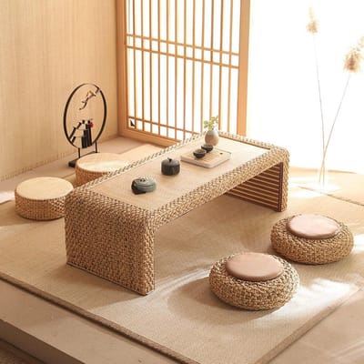 Houten Vloertafel - Rotan Tafel - Thee Zetten - Handgeweven Rotan - 80 x 50 cm - Natuurlijk Hout