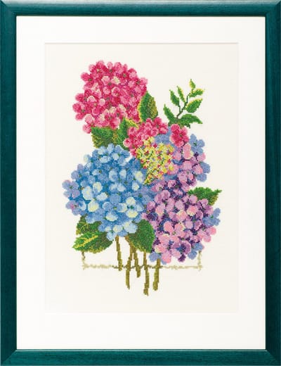 Pako Borduurpakket - telpatroon met codekaart - boeket Hortensia's - 237.099 - voorgesorteerd garen - Aida - 23 x 33 cm - DIY kit