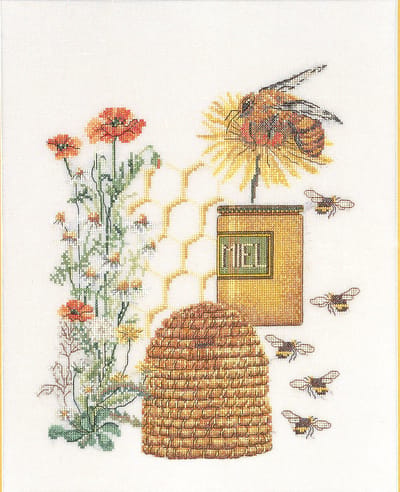 Thea Gouverneur - Borduurpakket met telpatroon - 3016A - Voorgesorteerde DMC Garens - Honing Merklap - Aida - 27 cm x 35 cm - DIY Kit