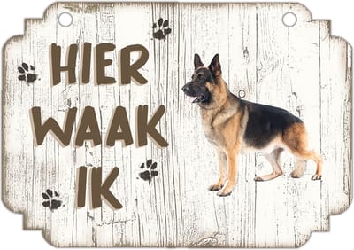 Hier Waak Ik: Duitse Herder Langharig | Waakbord | Spreukenbord | Hondenras | Hond | Betreden op eigen risico | Pas Op Voor De Hond | Deurbordjes | Bewaker Van Dit Huis