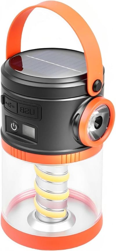 Led-lantaarn, zonne-campingverlichting, USB-oplaadbaar, meerdere lichtmodi, oranje, draagbaar handvat, batterij-indicator, nooduitrusting voor buitenshuis