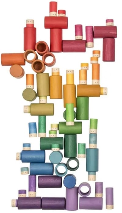 Houten poppetjes en buisjes - 72 stuks - LoLa - Regenboogkleuren - Open einde speelgoed - Educatief montessori speelgoed