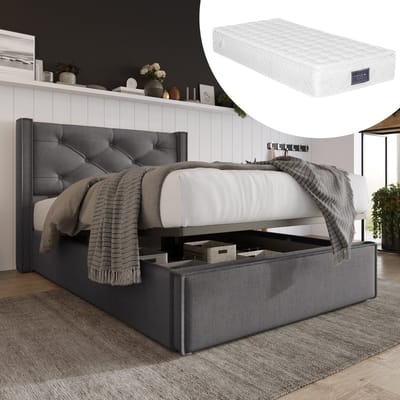DESMIU Gestoffeerd Eenpersoonsbed 90x200cm Met Matras – Hydraulisch Bed Met Opklapbare Lattenbodem – Ruime Opbergruimte – Voor Slaapkamer – Katoen – Grijs