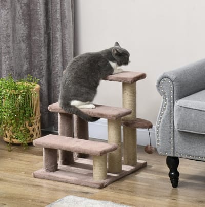MEUNIQ krabpaal kattentrap 3 niveaus 45 x 40 x 48 cm met speelbal en jute krabvlakken, kattenmeubel voor naast bank of bed, bruin, tot 5 kg