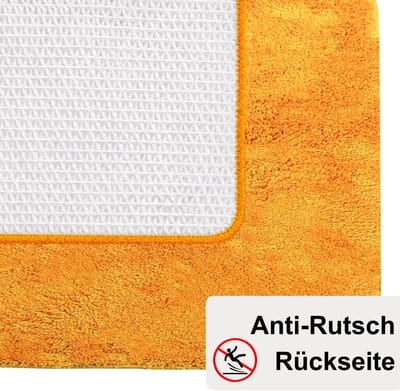 Badmatten: ca. 50/80 cm en wc-mat ca. 45/50 cm. Kleur: oranje.