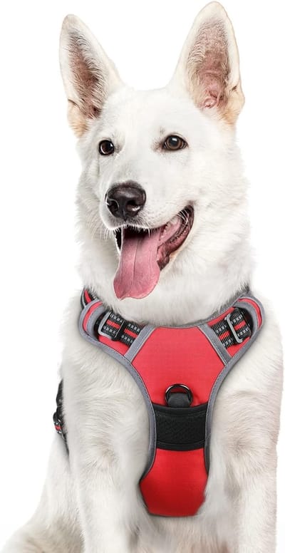 Hondentuig No Pull, Hondenharnas voor Grote Honden, Verstelbare Harnas Hond met Reflecterend Strepen, Gewatteerd Zacht Ademend, Hondentuigje Anti-trek voor Wandelen Training, Rood XL