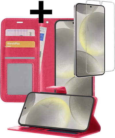 Hoesje - Met Screenprotector - Geschikt voor Samsung Galaxy S24 - Luxe Pasjeshouder - Bookcase Portemonee - Flip Case - Kunstleer Book Case - Flipcase - Book Cover - Walletcase - Portemonneehoes - Telefoonhoesjes - Donkerroze