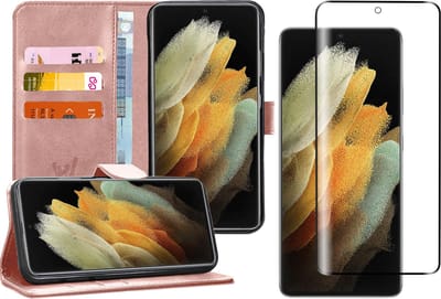Hoesje geschikt voor Samsung Galaxy S21 Ultra - Screen Protector FlexGuard - Book Case Kunstleer Pasjeshouder Rosegoud & Screenprotector