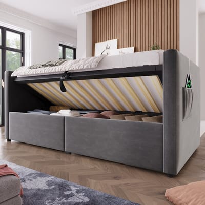 REDOM Slaapbank 90x190 cm van fluweel – Met hydraulische opbergruimte, USB/Type-C en opbergtassen – Grijs