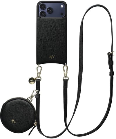 AVY Leren Hoesje geschikt voor Apple iPhone 17 Pro Max | Met Koord en Mini Telefoontasje | Compatibel met MagSafe | Leather Case met 130CM Koord & Pouch | Long Leather | Zwart