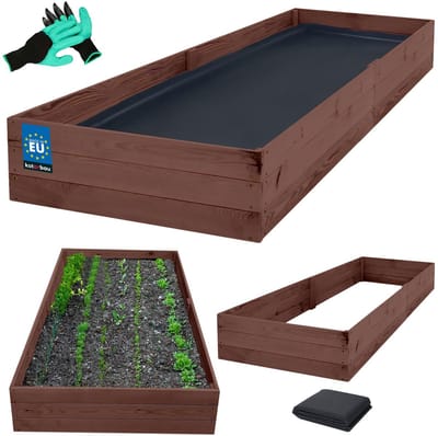 KOTARBAU® Moestuinbak, Verhoogd Tuinbed, Geïmpregneerd Hout, 200 x 120 x 27 cm, Bruin, Plantenbed, met Vlies en Handschoenen met Klauwen, Groentebed, Bloembak Hout Buiten