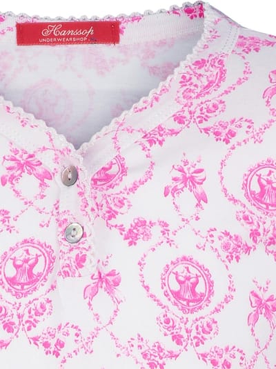 Luxe mooie zacht roze Girly Pyjama Set van Hanssop met verfijnde rand details en luxe knoop sluiting, Meisjes pyjama, roze bloem print, maat 116
