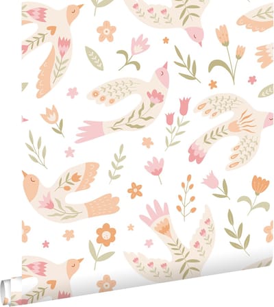 ESTAhome behang bloemen en vogels wit, roze en oranje - 50 x 900 cm - 131758