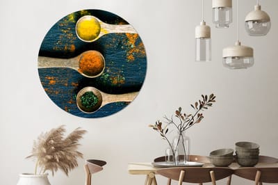 WallCircle® Wandcirkel 120x120 cm - Muurcirkel Specerijen - Lepel - Kruiden - Bruin - Geel - Groen - Muurdecoratie woonkamer - Wanddecoratie slaapkamer - Kamer decoratie accessoires - Ronde schilderijen XXL