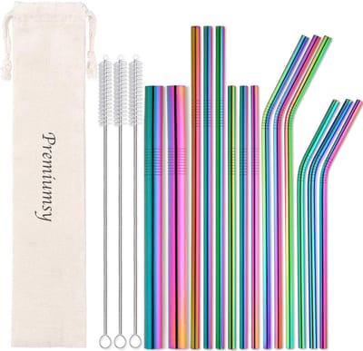 Premiumsy 14x Herbruikbare Metalen Rietjes - Verschillende Maten - Duurzame Rietjes Herbruikbaar - RVS Rietjes - Ijzeren Rietjes - Geschikt voor Smoothies en Cocktails - Regenboog