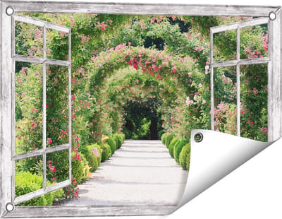 Gards Tuinposter Doorkijk Rozenbogen Tunnel - 60x40 cm - Tuindoek - Tuindecoratie - Wanddecoratie buiten - Tuinschilderij