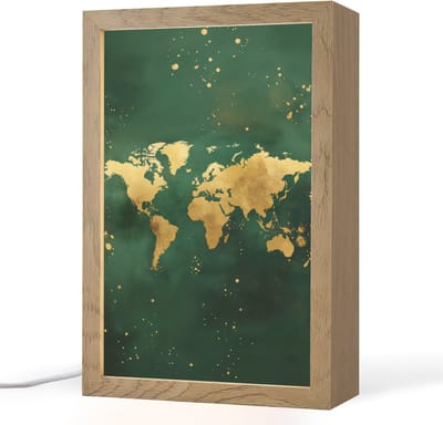 Tafellamp 20x30 cm - LED lamp - Wereldkaart - Groen - Goud - Decoratieve tafellampen - Dimbaar - Tafellampje slaapkamer - Woonkamer binnen