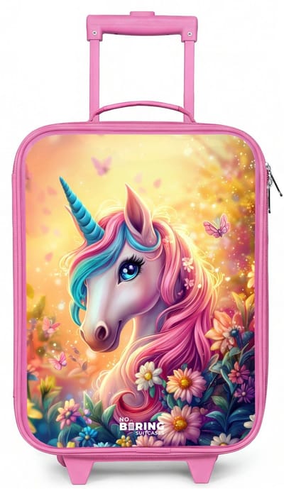 NoBoringSuitcases.com® - Kinderkoffer roze - Kindertrolley meisje - Eenhoorn met kleurrijke bloemen - Koffer kind lichtgewicht - Reiskoffer trolley voor kinderen - Koffertje met lichtgevende wieltjes - Rolkoffer