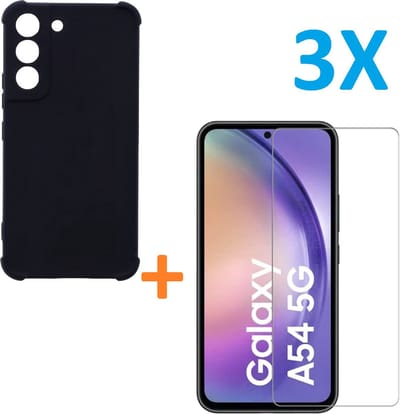 Anti-Shock silicone hoesje zwart met 3 Pack Tempered glas Screen Protector Geschikt voor: Samsung Galaxy A54