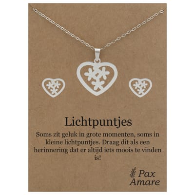 Stainless Steel Hartje met Bloemetjes Ketting + Oorbellen Setje op Cadeau Kaartje - Lichtpuntjes - 45 cm ketting & ± 10x10mm Oorknopjes - Zilverkleurig Roestvrij Staal - Pax Amare