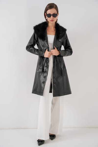 Faux leren lange jas met faux fur kraag