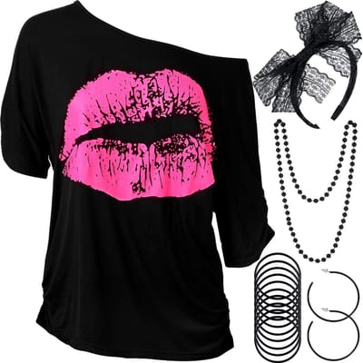 Dailygoods- Kostuumaccessoireset Dames - Jaren 80 Themafeest - T-shirt met Lippenprint - Hoofdband/Oorringen - Halsketting/Armband - Kwalitatief Hoogwaardig Materiaal - Verkleedkostuum
