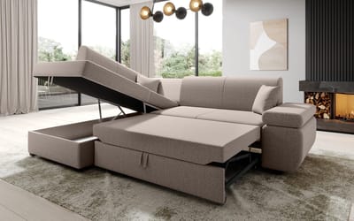 Hoekbank Felix- beige - lounge links- met bed en opbergruimte- Hoeksalon met bed links- zetelsenbedden