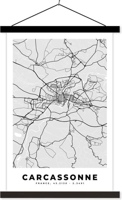 Posterhanger incl. Poster 40x60 cm - Schoolplaat - Plattegrond – Carcassonne – Stadskaart – Kaart – Frankrijk - Textielposter - Zwarte latten - Stadskaart