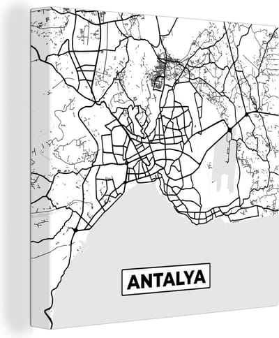 Canvas Schilderij Antalya - Stadskaart - Plattegrond - Zwart Wit - Kaart - 20x20 cm - Wanddecoratie